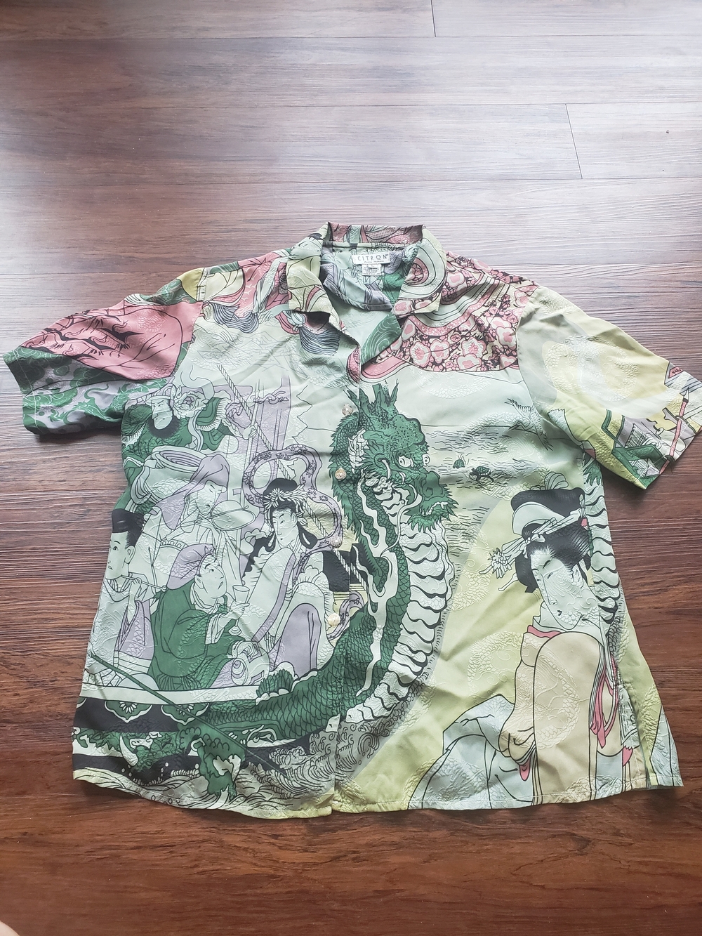 Citron Santa Monica 100% Silk Japanese Art Print Short Sleeve Shirt Green Vtg
